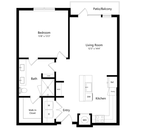 Floor plan for 1 bed, 1 bath, 913 sqft
